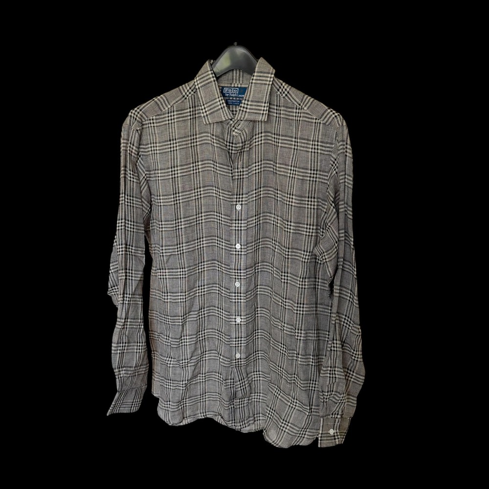 90's Polo Ralph Lauren Westerton Linen Shirt Large Black Plaid Long Sleeve Flaw